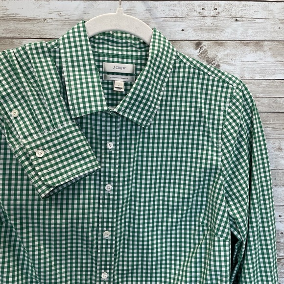 J.CREW Tops - J.Crew Womens M Shirt Stretch Perfect Green White Gingham Check Button Up Preppy